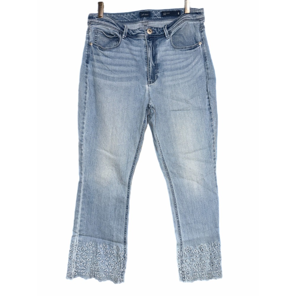 J. Jill Denim High Rise Ankle Jeans Light Wash Eyelet Embroidered Hem Size 8